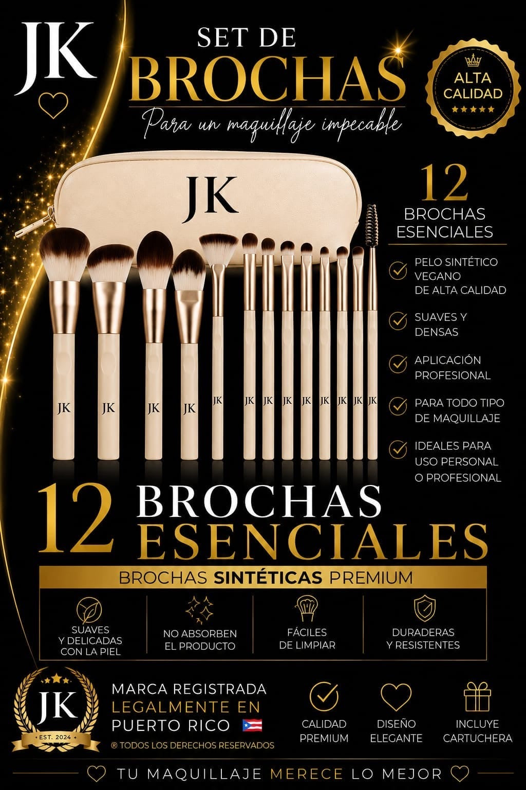 Set de Brochas | 12 Brochas Esenciales con Cartuchera JK®
