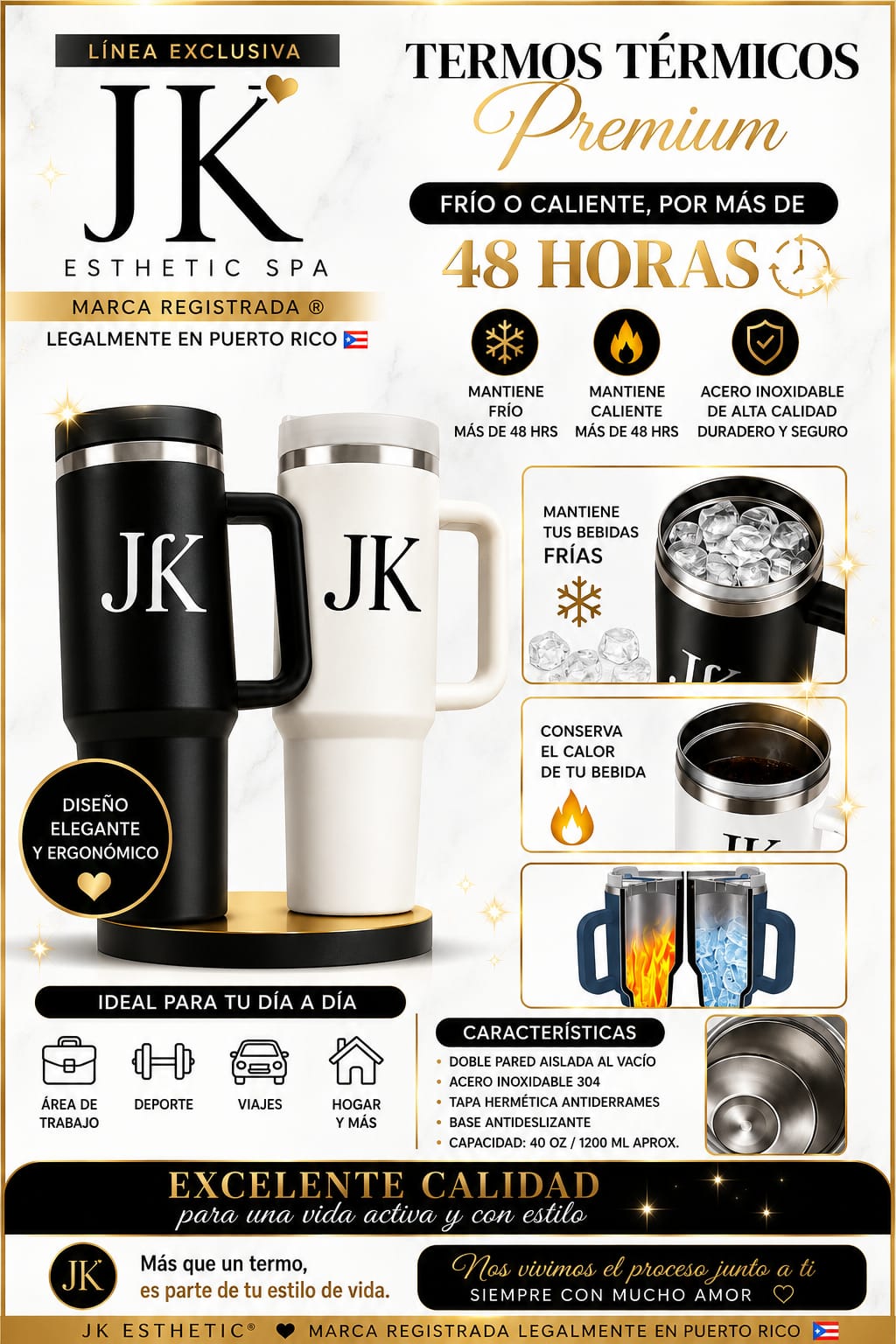 Termo Térmico Premium | 40 oz, Frío o Caliente por 48 Horas JK®