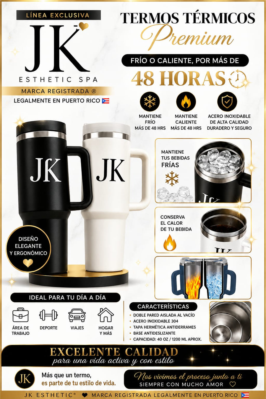 Termo Térmico Premium | 40 oz, Frío o Caliente por 48 Horas JK®