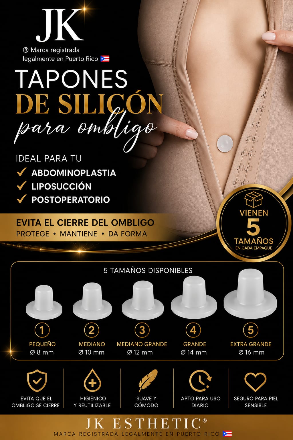 Tapones de Silicón para Ombligo | 5 Tamaños por Empaque JK®