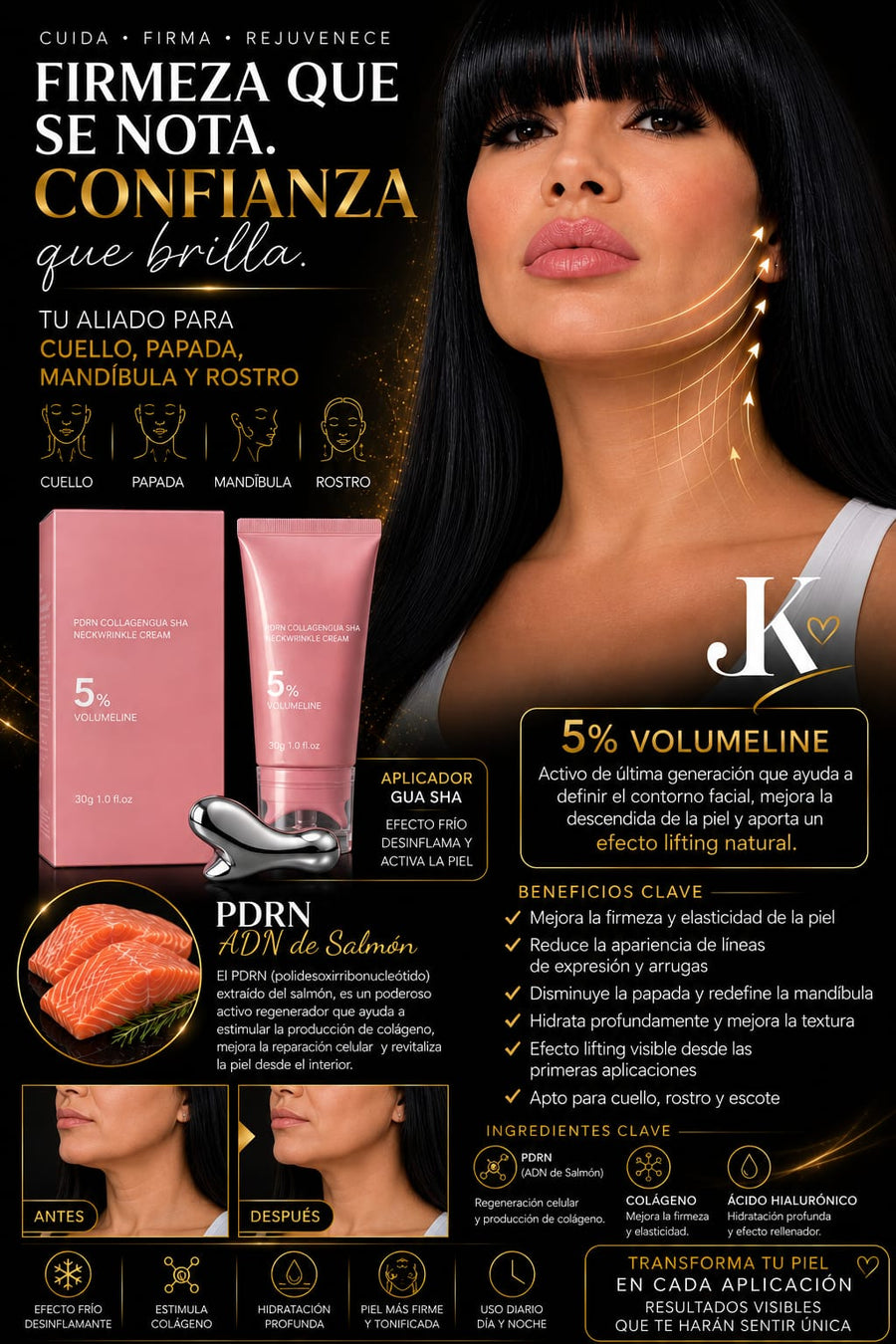 Crema PDRN Colágeno con Gua Sha | Cuello, Papada, Mandíbula y Rostro, 30 g JK®
