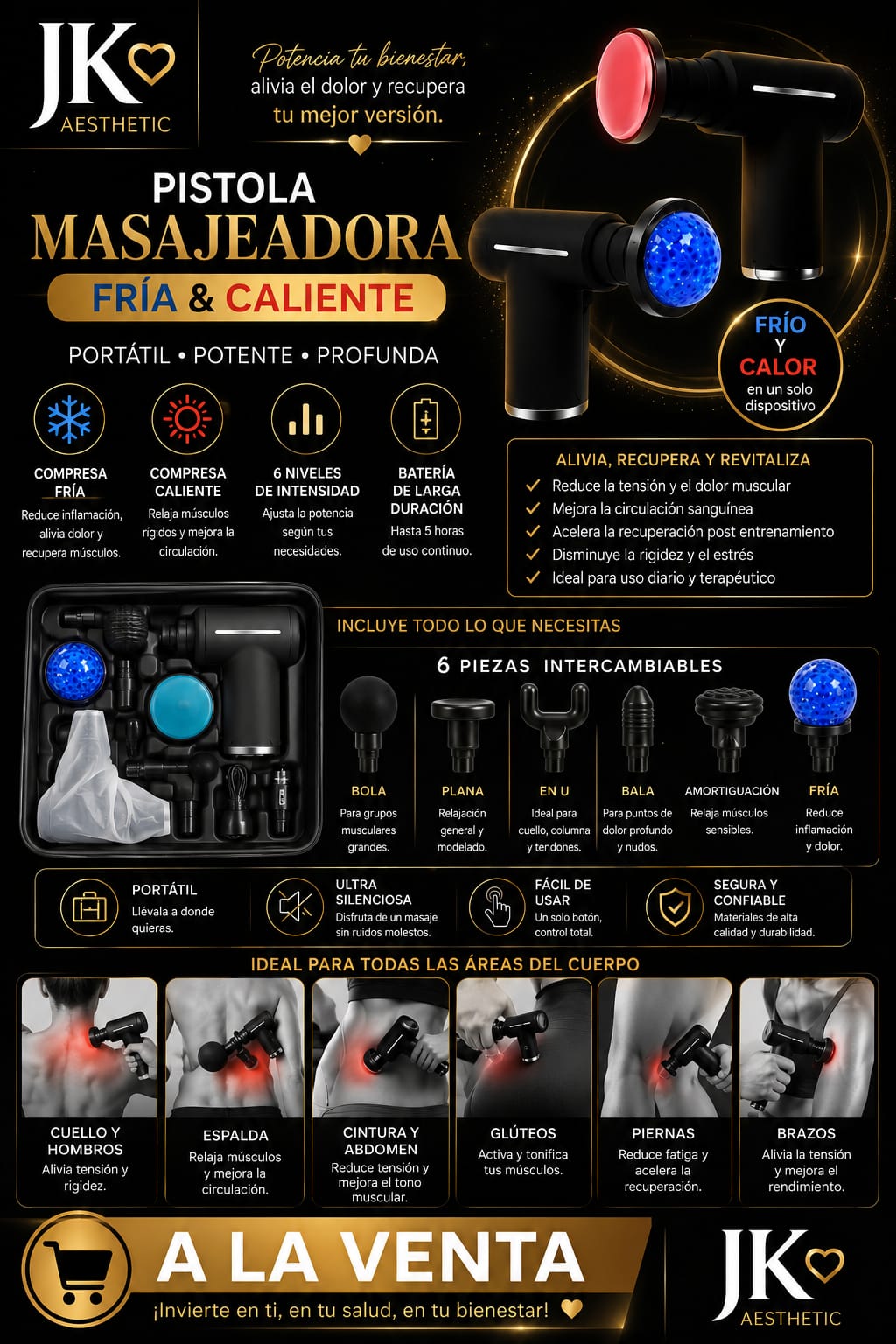 Pistola Masajeadora Fría y Caliente | 6 Piezas Intercambiables JK®