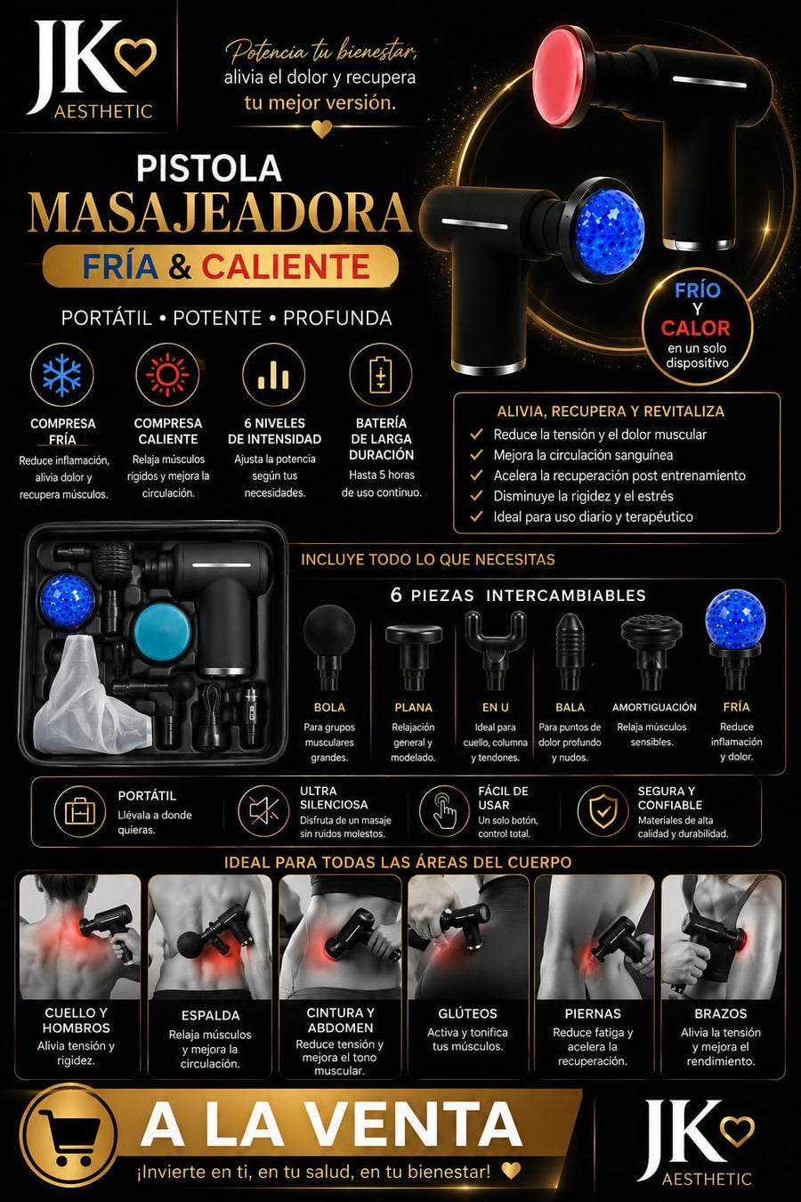 Pistola Masajeadora Fría y Caliente | 6 Piezas Intercambiables JK®